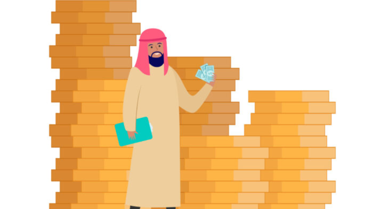 Arabic business man. Person in traditional ethnic clothes standing at huge heap of money cash flat vector illustration. Finance, success, capital concept for banner, website design or landing web page