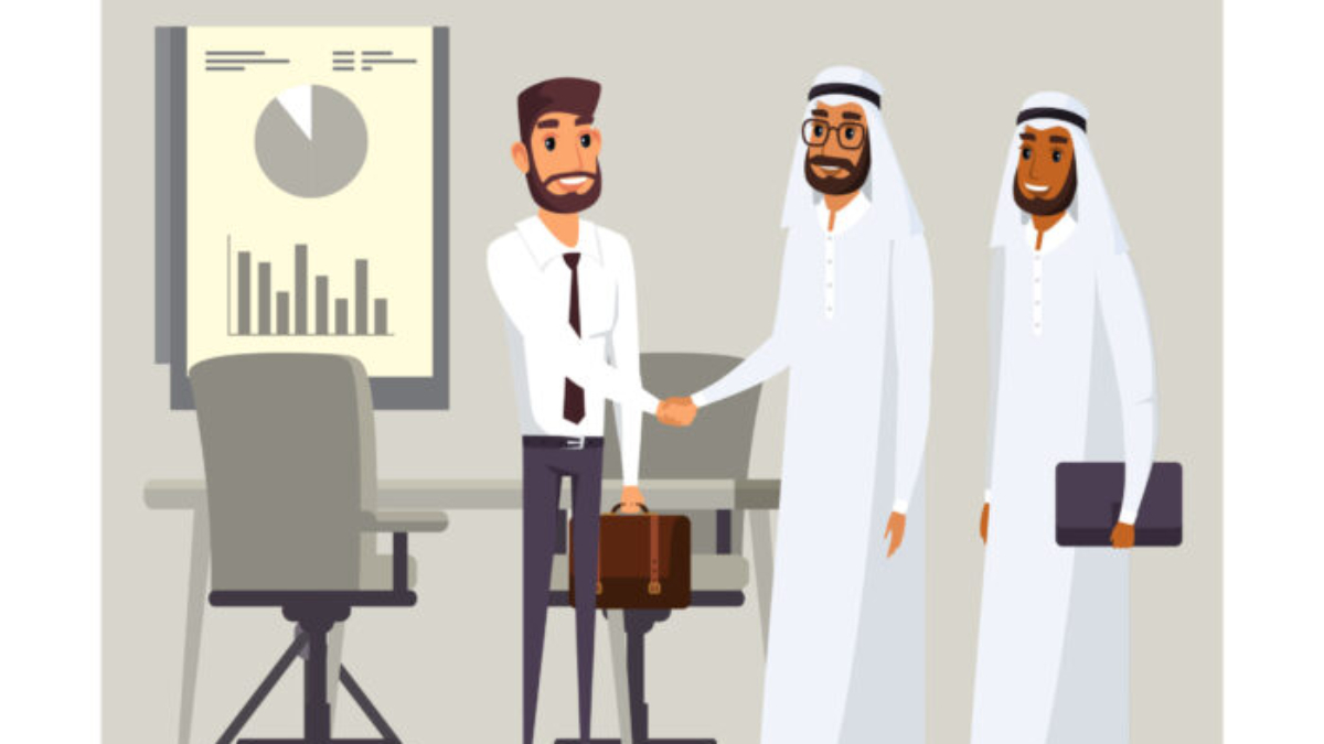 International business partnership illustration. European and Arab businessmen shaking hands.